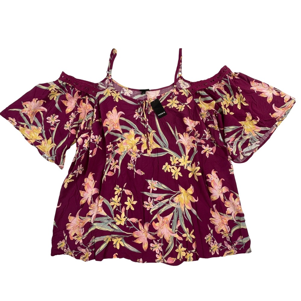 Torrid Womens 3 Cold Shoulder Blouse Purple Floral Lily Challis Lace Flutter NWT